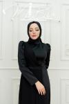 Manta Uzun Şifon Parça Detay Saten  Kloş Tesettür Abiye Siyah Siyah