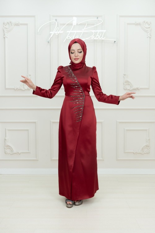 Samona Başak Taş Detay  Saten Tesettür Kalem Abiye Bordo  Bordo