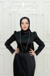 Vendora V Manşet  Göğüs  Ve Yaka  Taş Detay   Saten Kemerli Tesettür Kloş Abiye Siyah Siyah