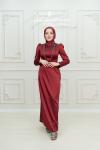 Vendora V Manşet  Göğüs  Ve Yaka  Taş Detay   Saten Kemerli Tesettür Kloş Abiye Bordo Bordo