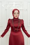 Vendora V Manşet  Göğüs  Ve Yaka  Taş Detay   Saten Kemerli Tesettür Kloş Abiye Bordo Bordo