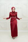 Nesrin  Kemer Taş Detay Bel Drape  Saten Tesettür  Kalem Abiye Bordo Bordo