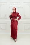 Nesrin  Kemer Taş Detay Bel Drape  Saten Tesettür  Kalem Abiye Bordo Bordo