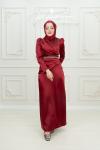 Nesrin  Kemer Taş Detay Bel Drape  Saten Tesettür  Kalem Abiye Bordo Bordo