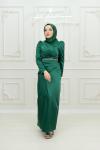 Nesrin  Kemer Taş Detay Bel Drape  Saten Tesettür  Kalem Abiye Zümrüt Zümrüt