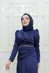 Nesrin  Kemer Taş Detay Bel Drape  Saten Tesettür  Kalem Abiye Lacivert Lacivert