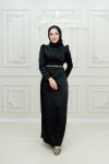 Nesrin  Kemer Taş Detay Bel Drape  Saten Tesettür  Kalem Abiye  Siyah Siyah