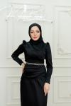 Nesrin  Kemer Taş Detay Bel Drape  Saten Tesettür  Kalem Abiye  Siyah Siyah