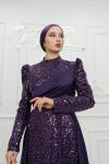 Rüya Boncuk Pul Detay  Pelerinli  Saten Kalem Tesettür Abiye Mürdüm Mürdüm