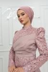 Rüya Boncuk Pul Detay  Pelerinli  Saten Kalem Tesettür Abiye Pudra Pudra