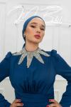 Deniz Gerdan Taş Detay Bel Drape Saten Kalem Tesettür Abiye Lacivert Lacivert