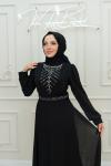 Devon  V Yaka İçi Taş Detay Şifon  kloş Tesettür Abiye siyah Siyah