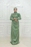 İkra Göğüs Taş Detay Bel  ve Göğüs Drape  Asetat Saten Balık  Tesettür Abiye Mint Yeşili Mint Yeşili