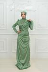 İkra Göğüs Taş Detay Bel  ve Göğüs Drape  Asetat Saten Balık  Tesettür Abiye Mint Yeşili Mint Yeşili