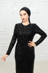Bella Bel Omuz  Yan Parça Detay Drapeli  Pul Payet Tesettür Kalem Abiye Siyah Siyah