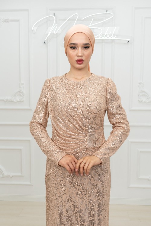 Bella Bel Omuz  Yan Parça Detay Drapeli  Pul Payet Tesettür Kalem Abiye Gold Gold