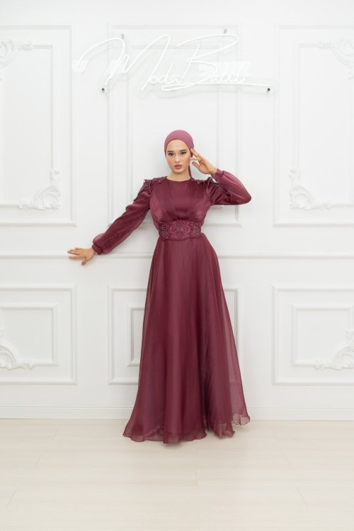 Firuz Omuz Boncuk Detay Işıltı Kumaş Kloş Abiye  Bordo Bordo