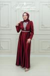 Simay  V Manşet  Göğüs  Ve Kemer Taş Detay   Asetat Saten Kemerli Kloş Abiye Bordo Bordo