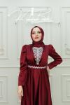 Simay  V Manşet  Göğüs  Ve Kemer Taş Detay   Asetat Saten Kemerli Kloş Abiye Bordo Bordo