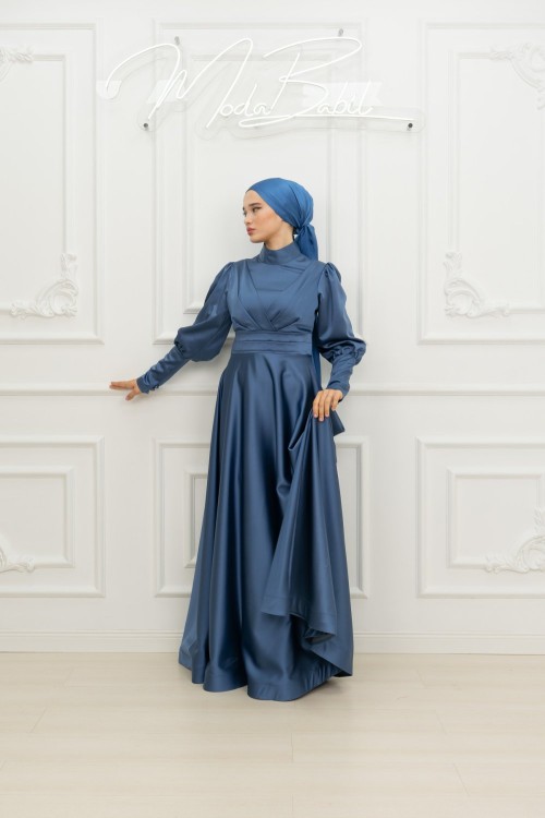Begonya Balon Kol Asetat Saten Kloş Abiye Yeni Indigo Yeni Indigo
