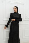 Selena Bilek Tüy Detay Pul Kabartma Simli Kalem Tesettür Abiye Siyah Siyah