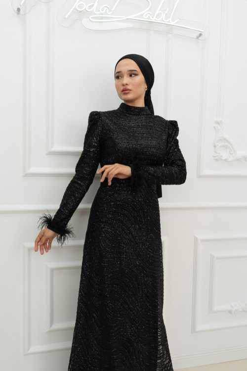 Selena Bilek Tüy Detay Pul Kabartma Simli Kalem Tesettür Abiye Siyah Siyah