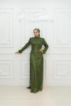 Selena Bilek Tüy Detay Pul Kabartma Simli Kalem Tesettür Abiye Haki Haki