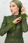 Selena Bilek Tüy Detay Pul Kabartma Simli Kalem Tesettür Abiye Haki Haki
