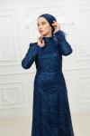 Selena Bilek Tüy Detay Pul Kabartma Simli Kalem Tesettür Abiye Lacivert  Lacivert