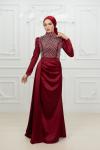 Verena Tam Taşlı Belden Parça Saten Tesettür Kalem Abiye Bordo Bordo