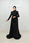 Petra Drape Detay Kol ve Göğüs Taşlı Saten Kalem Tesettür Abiye Siyah Siyah