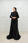 Petra Drape Detay Kol ve Göğüs Taşlı Saten Kalem Tesettür Abiye Siyah Siyah