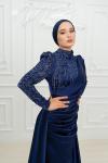 Petra Drape Detay Kol ve Göğüs Taşlı Saten Kalem Tesettür Abiye Lacivert Lacivert