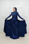 Petra Drape Detay Kol ve Göğüs Taşlı Saten Kalem Tesettür Abiye Lacivert Lacivert