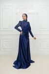 Petra Drape Detay Kol ve Göğüs Taşlı Saten Kalem Tesettür Abiye Lacivert Lacivert