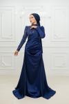 Petra Drape Detay Kol ve Göğüs Taşlı Saten Kalem Tesettür Abiye Lacivert Lacivert