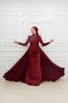 Petra Drape Detay Kol ve Göğüs Taşlı Saten Kalem Tesettür Abiye Bordo Bordo