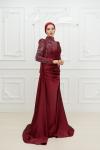 Petra Drape Detay Kol ve Göğüs Taşlı Saten Kalem Tesettür Abiye Bordo Bordo