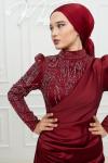 Petra Drape Detay Kol ve Göğüs Taşlı Saten Kalem Tesettür Abiye Bordo Bordo