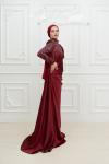 Petra Drape Detay Kol ve Göğüs Taşlı Saten Kalem Tesettür Abiye Bordo Bordo