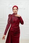 Petra Drape Detay Kol ve Göğüs Taşlı Saten Kalem Tesettür Abiye Bordo Bordo