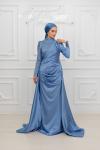 Petra Drape Detay Kol ve Göğüs Taşlı Saten Kalem Tesettür Abiye indigo İndigo