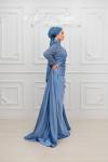 Petra Drape Detay Kol ve Göğüs Taşlı Saten Kalem Tesettür Abiye indigo İndigo