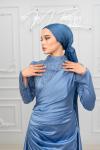 Petra Drape Detay Kol ve Göğüs Taşlı Saten Kalem Tesettür Abiye indigo İndigo