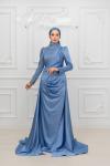 Petra Drape Detay Kol ve Göğüs Taşlı Saten Kalem Tesettür Abiye indigo İndigo