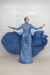Petra Drape Detay Kol ve Göğüs Taşlı Saten Kalem Tesettür Abiye indigo İndigo