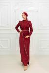 Leda  Taş Şerit Detay Belden Drape Saten Tesettür Kalem Abiye Bordo Bordo