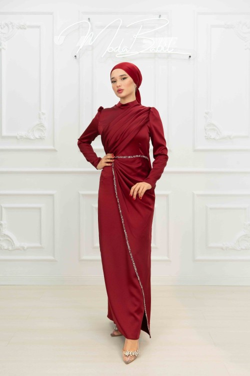 Leda  Taş Şerit Detay Belden Drape Saten Tesettür Kalem Abiye Bordo Bordo