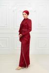 Leda  Taş Şerit Detay Belden Drape Saten Tesettür Kalem Abiye Bordo Bordo