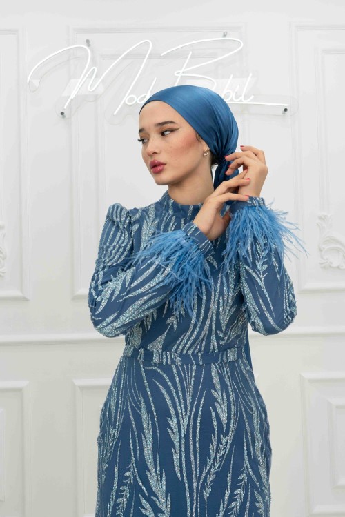 Masal Bilek Tüy Detay Taş İşlemeli  Tesettür Kalem Abiye İndigo İndigo